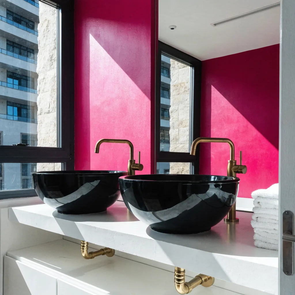 Salon washing station with two black basins, brass faucets, a magenta-pink accent wall and folded towels, clean compositio…